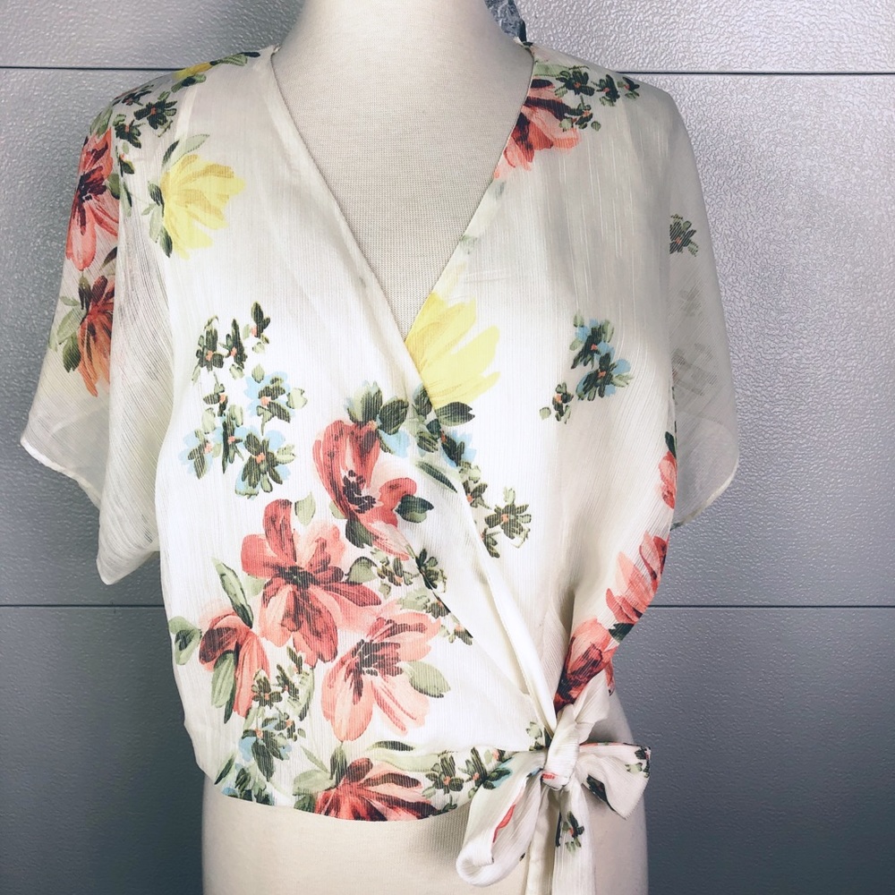 Zara Sheer off white floral wrap crop top SZ S